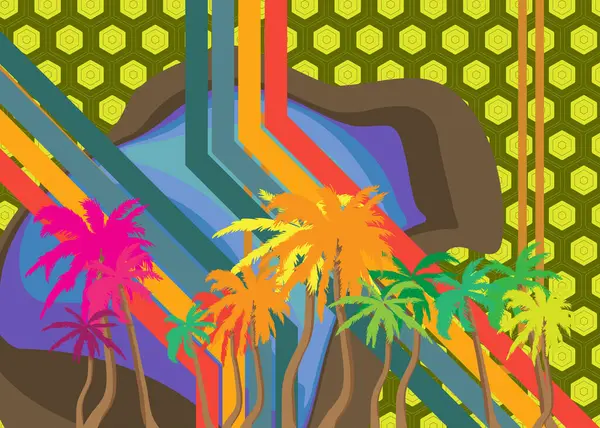 Retro 70 'lerin Palm Tree' si. Muhteşem Tropikal 1970 'lerin sanat şablonu. Minimalist Vintage tasarım posteri. Eski moda renkli sanat eserleri.