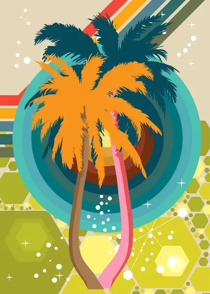 Retro 70 'lerin Palm Tree' si. Muhteşem Tropikal 1970 'lerin sanat şablonu. Minimalist Vintage tasarım posteri. Eski moda renkli sanat eserleri.