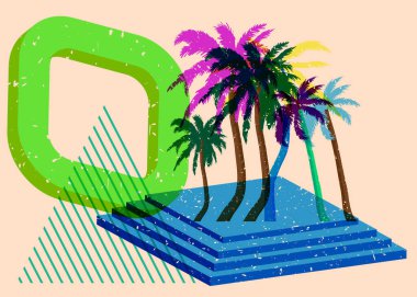 Geometrik şekilli Risograph Palmiyesi. Geometri elemanları ile modayı gösteren riso grafik desen tasarımı nesneleri.