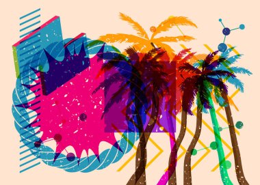 Geometrik şekilli Risograph Palmiyesi. Geometri elemanları ile modayı gösteren riso grafik desen tasarımı nesneleri.