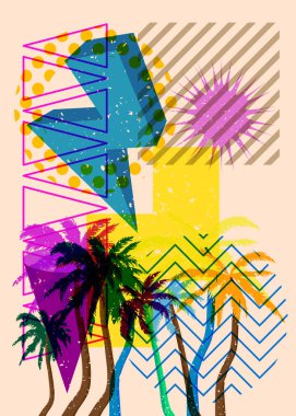 Geometrik şekilli Risograph Palmiyesi. Geometri elemanları ile modayı gösteren riso grafik desen tasarımı nesneleri.