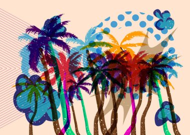 Geometrik şekilli Risograph Palmiyesi. Geometri elemanları ile modayı gösteren riso grafik desen tasarımı nesneleri.