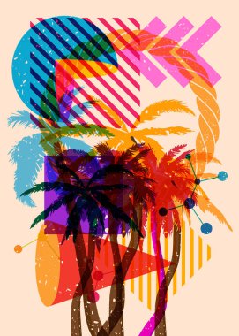 Geometrik şekilli Risograph Palmiyesi. Geometri elemanları ile modayı gösteren riso grafik desen tasarımı nesneleri.