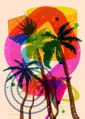 Geometrik şekilli Risograph Palmiyesi. Geometri elemanları ile modayı gösteren riso grafik desen tasarımı nesneleri.