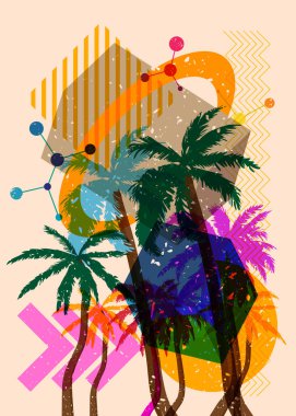 Geometrik şekilli Risograph Palmiyesi. Geometri elemanları ile modayı gösteren riso grafik desen tasarımı nesneleri.