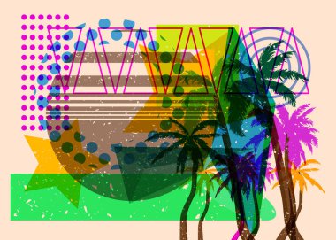 Geometrik şekilli Risograph Palmiyesi. Geometri elemanları ile modayı gösteren riso grafik desen tasarımı nesneleri.