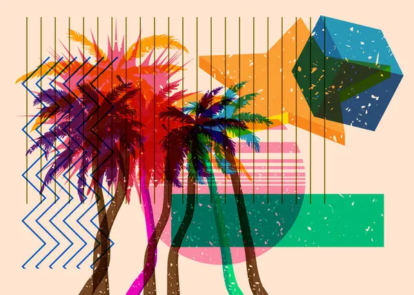 Geometrik şekilli Risograph Palmiyesi. Geometri elemanları ile modayı gösteren riso grafik desen tasarımı nesneleri.