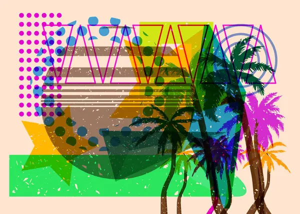 Geometrik şekilli Risograph Palmiyesi. Geometri elemanları ile modayı gösteren riso grafik desen tasarımı nesneleri.