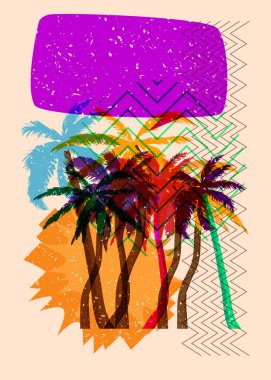 Geometrik şekilli konuşma baloncuklu Risograph Palm Tree. Geometri elemanları ile modayı gösteren riso grafik desen tasarımı nesneleri.