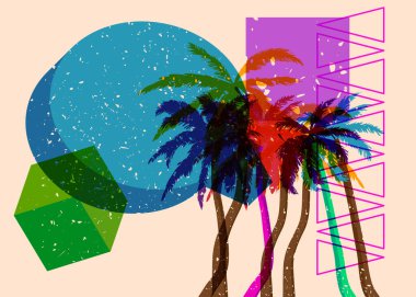 Geometrik şekilli konuşma baloncuklu Risograph Palm Tree. Geometri elemanları ile modayı gösteren riso grafik desen tasarımı nesneleri.
