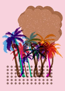 Geometrik şekilli konuşma baloncuklu Risograph Palm Tree. Geometri elemanları ile modayı gösteren riso grafik desen tasarımı nesneleri.
