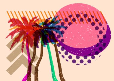 Geometrik şekilli konuşma baloncuklu Risograph Palm Tree. Geometri elemanları ile modayı gösteren riso grafik desen tasarımı nesneleri.