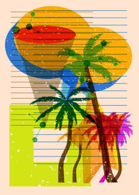 Geometrik şekilli konuşma baloncuklu Risograph Palm Tree. Geometri elemanları ile modayı gösteren riso grafik desen tasarımı nesneleri.