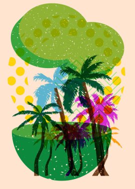 Geometrik şekilli konuşma baloncuklu Risograph Palm Tree. Geometri elemanları ile modayı gösteren riso grafik desen tasarımı nesneleri.
