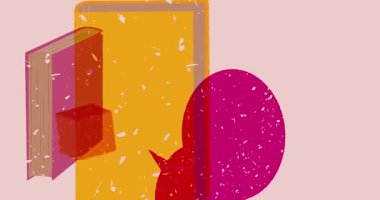 Geometrik şekilli Risograph kitabı ve konuşma balonu animasyonu oluşturur. Moda riso grafik tasarım videosunda nesne taşınıyor.