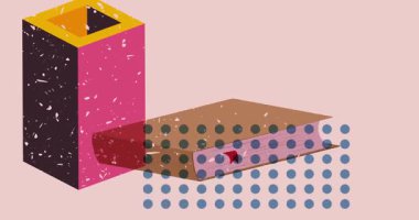 Geometrik şekilli Risograph kitabı ve konuşma balonu animasyonu oluşturur. Moda riso grafik tasarım videosunda nesne taşınıyor.