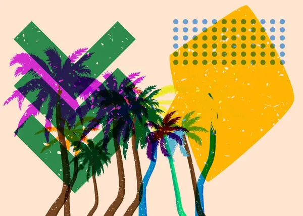 Geometrik şekilli konuşma baloncuklu Risograph Palm Tree. Geometri elemanları ile modayı gösteren riso grafik desen tasarımı nesneleri.
