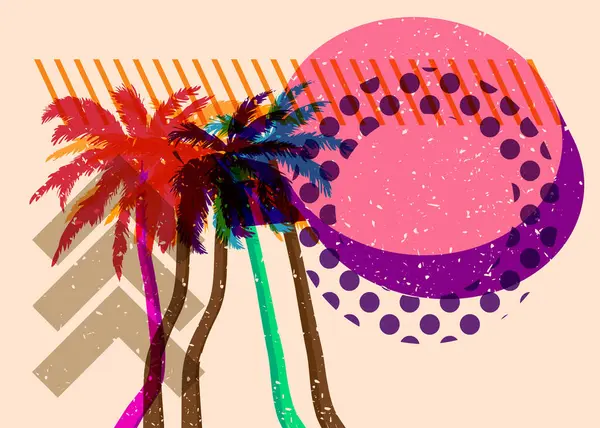 Geometrik şekilli konuşma baloncuklu Risograph Palm Tree. Geometri elemanları ile modayı gösteren riso grafik desen tasarımı nesneleri.