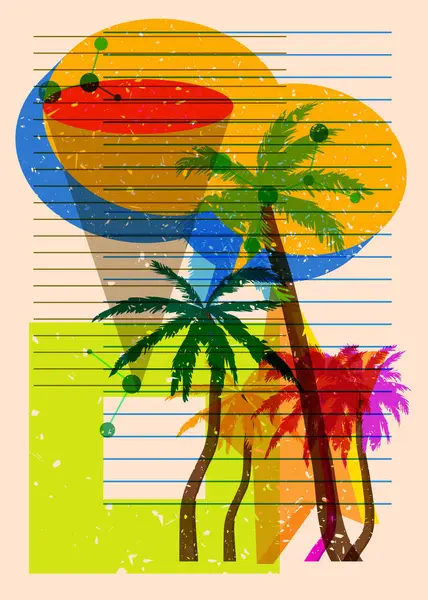 Geometrik şekilli konuşma baloncuklu Risograph Palm Tree. Geometri elemanları ile modayı gösteren riso grafik desen tasarımı nesneleri.