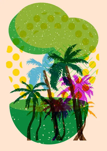 Geometrik şekilli konuşma baloncuklu Risograph Palm Tree. Geometri elemanları ile modayı gösteren riso grafik desen tasarımı nesneleri.