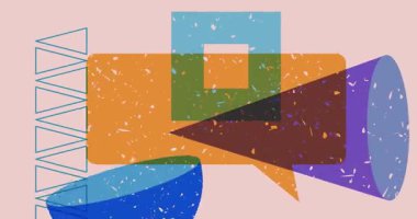 Geometrik şekilli Risograph konuşma balonu animasyonu. Moda riso grafik tasarım videosunda nesne taşınıyor.