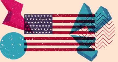 Geometrik şekilli Amerikan Bayrağı animasyonu. Moda riso grafik tasarım videosunda nesne taşınıyor.