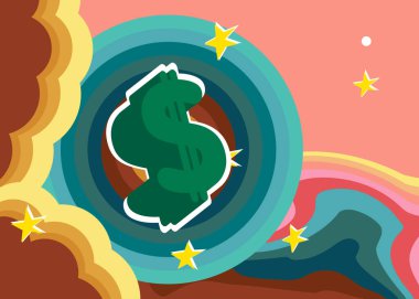 70 'lerin Geçmişi ve Dolar İşareti. Moda Para 1970 'lerin sanat şablonu. Minimalist Vintage tasarım posteri. Eski moda renkli sanat eserleri.