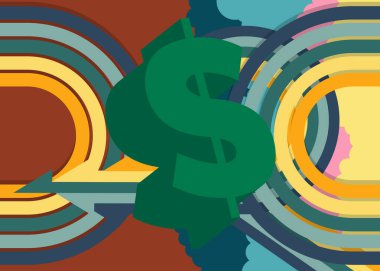 70 'lerin Geçmişi ve Dolar İşareti. Moda Para 1970 'lerin sanat şablonu. Minimalist Vintage tasarım posteri. Eski moda renkli sanat eserleri.