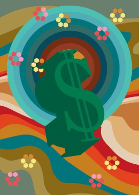 70 'lerin Geçmişi ve Dolar İşareti. Moda Para 1970 'lerin sanat şablonu. Minimalist Vintage tasarım posteri. Eski moda renkli sanat eserleri.