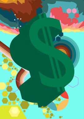 70 'lerin Geçmişi ve Dolar İşareti. Moda Para 1970 'lerin sanat şablonu. Minimalist Vintage tasarım posteri. Eski moda renkli sanat eserleri.