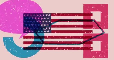 Geometrik şekilli Amerikan Bayrağı ve konuşma baloncuğu animasyonu. Moda riso grafik tasarım videosunda nesne taşınıyor.