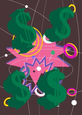 Dolar İşareti geometrik grafik retro tema arkaplanı. Minimum geometrik elementler. Klasik soyut şekiller vektör illüstrasyonu.