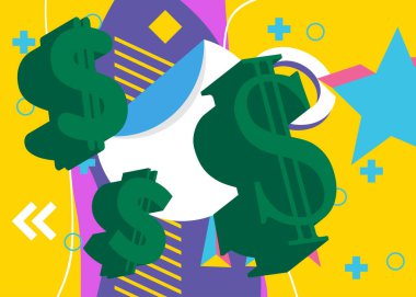 Dolar İşareti geometrik grafik retro tema arkaplanı. Minimum geometrik elementler. Klasik soyut şekiller vektör illüstrasyonu.