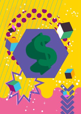 Dolar İşareti geometrik grafik retro tema arkaplanı. Minimum geometrik elementler. Klasik soyut şekiller vektör illüstrasyonu.