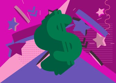 Dolar İşareti geometrik grafik retro tema arkaplanı. Minimum geometrik elementler. Klasik soyut şekiller vektör illüstrasyonu.