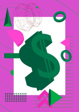 Dolar İşareti geometrik grafik retro tema arkaplanı. Minimum geometrik elementler. Klasik soyut şekiller vektör illüstrasyonu.