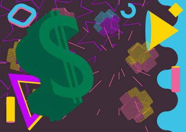Dolar İşareti geometrik grafik retro tema arkaplanı. Minimum geometrik elementler. Klasik soyut şekiller vektör illüstrasyonu.