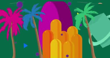 Palm Tree Geometrik Grafik Retro Tropik Tema Arkaplan Videosu. Minimum geometrik elementler animasyonu. Klasik soyut şekiller reklam için resimleme.