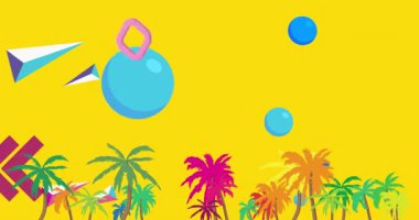 Palm Tree Geometrik Grafik Retro Tropik Tema Arkaplan Videosu. Minimum geometrik elementler animasyonu. Klasik soyut şekiller reklam için resimleme.