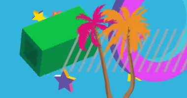 Palm Tree Geometrik Grafik Retro Tropik Tema Arkaplan Videosu. Minimum geometrik elementler animasyonu. Klasik soyut şekiller reklam için resimleme.