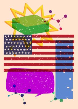 Geometrik şekilli konuşma baloncuklu Amerikan Bayrağı. Geometri elemanları ile modayı gösteren riso grafik desen tasarımı nesneleri.