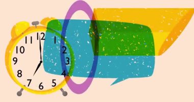 Risograph Alarm Saati ve geometrik şekilli konuşma balonu animasyonu. Moda riso grafik tasarım videosunda nesne taşınıyor.