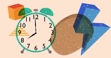 Risograph Alarm Saati ve geometrik şekilli konuşma balonu animasyonu. Moda riso grafik tasarım videosunda nesne taşınıyor.