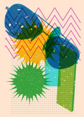 Geometrik şekilli risograph gözlükleri. Geometri elemanları ile modayı gösteren riso grafik desen tasarımı nesneleri.