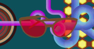 70 'lerin geçmişe dönük güneş gözlüklü animasyonu. Harika Gözlüklü 1970 'lerin sanat videosu. Minimalist Vintage tasarımı, eski moda renk çizimi.