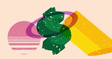 Geometrik şekilli Risograph Dolar İşareti animasyon. Moda riso grafik tasarım videosunda nesne taşınıyor.