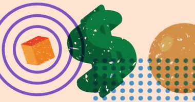 Geometrik şekilli Risograph Dolar İşareti animasyon. Moda riso grafik tasarım videosunda nesne taşınıyor.