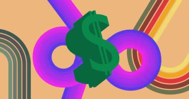 70 'lerin arka plan animasyonu ve dolar işareti. Amerikan Para Birimi 1970 'lerin sanat videosu. Minimalist Vintage tasarımı, eski moda renk çizimi.