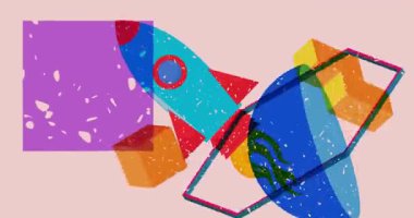 Geometrik şekilli Risograph Roket Gemisi animasyon. Moda riso grafik tasarım videosunda nesne taşınıyor.