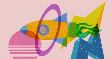 Geometrik şekilli Risograph Roket Gemisi animasyon. Moda riso grafik tasarım videosunda nesne taşınıyor.